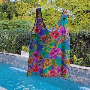 Vintage Vibrant Tropical Print Sleeveless Scoop Neck Silk Top Women's Size Small